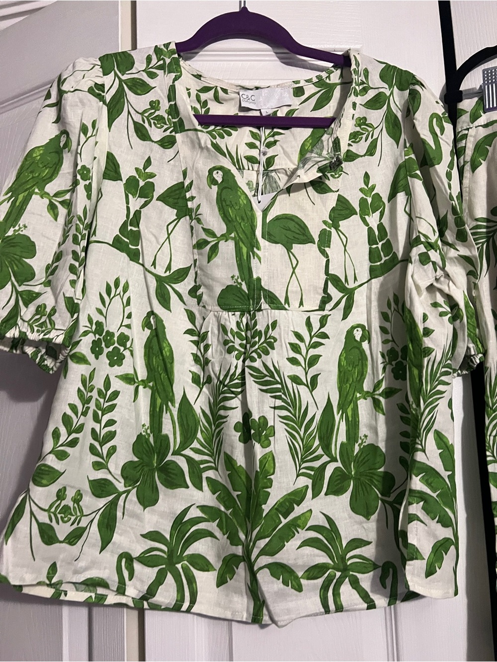 C&C California Cream Tunic with Green Parrot & Leaf Print